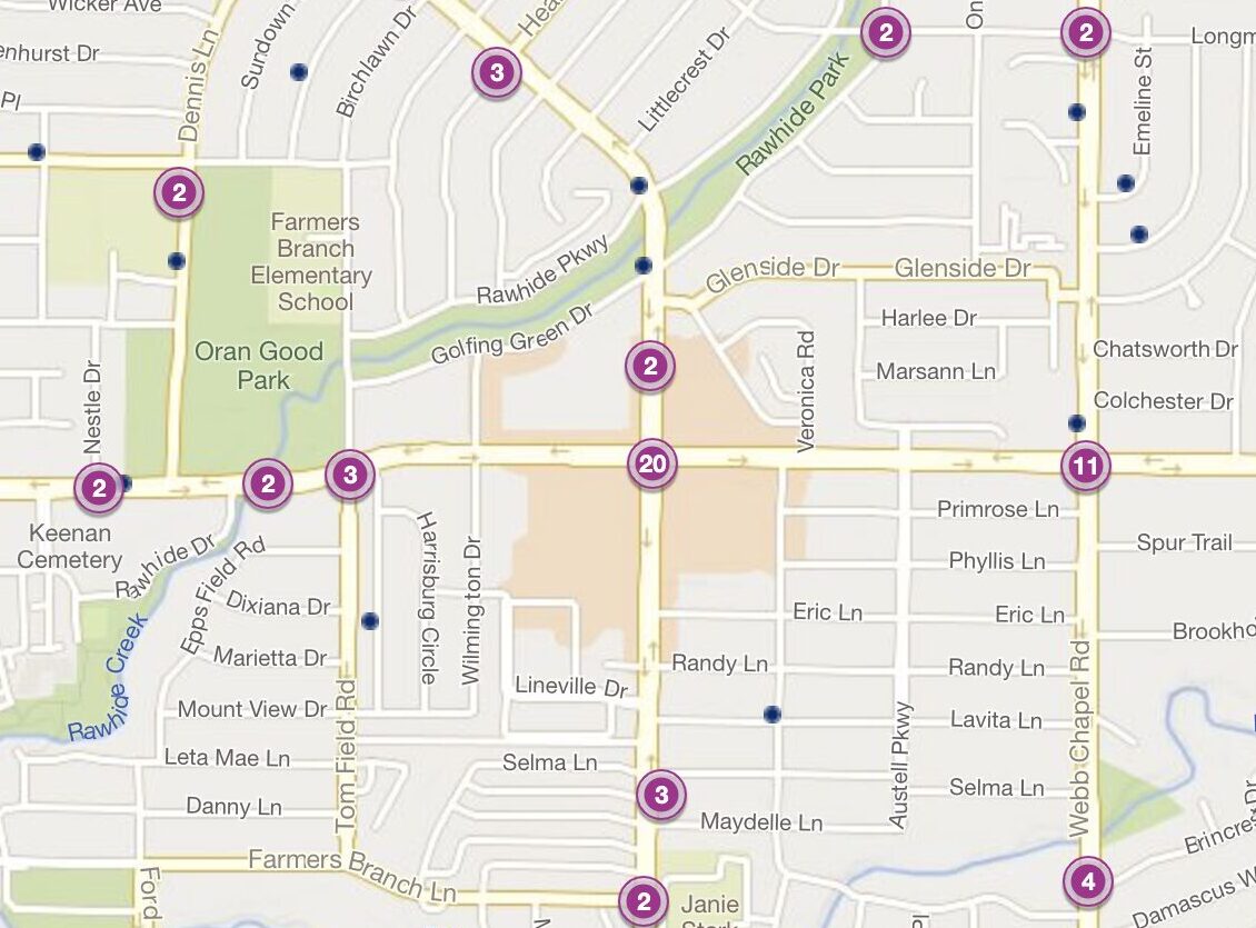 Cluster Map of 2023 Car Accidents at Valley View Lane & Jose Lane