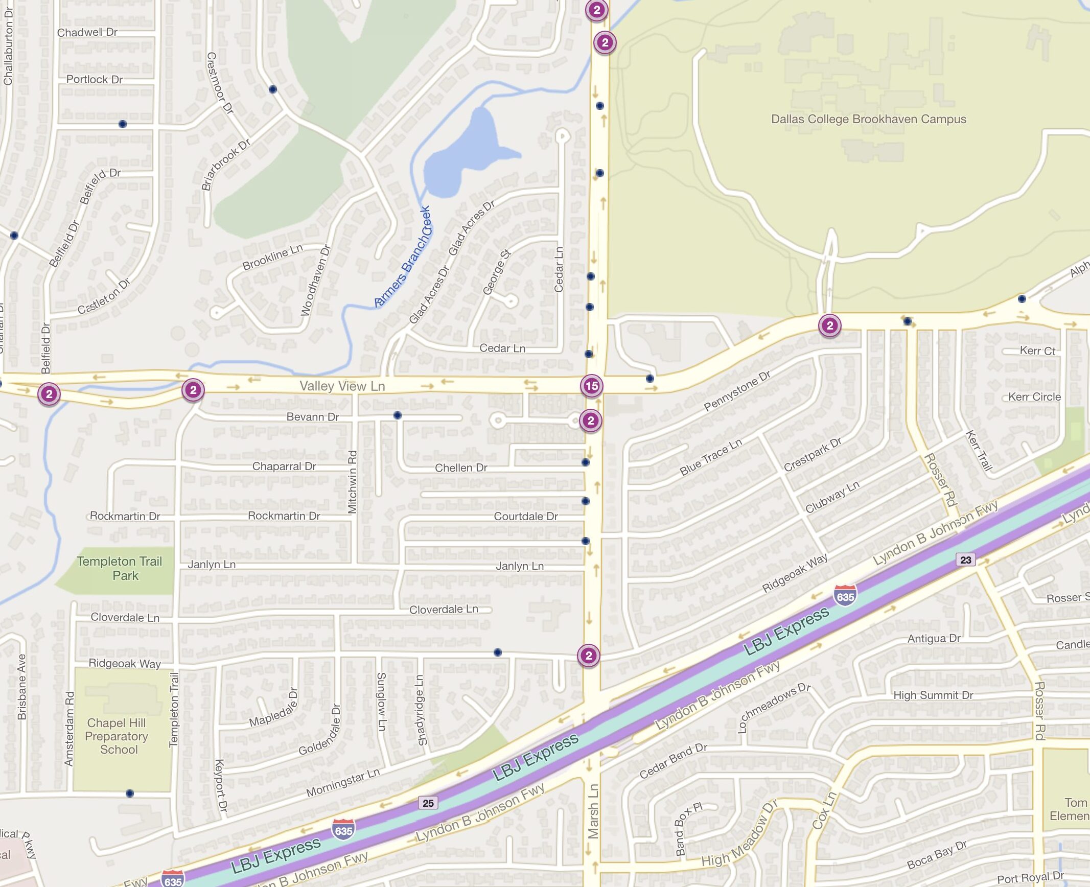 Cluster Map of 2023 Car Accidents at Valley View Lane & Marsh Lane (TXDOT)