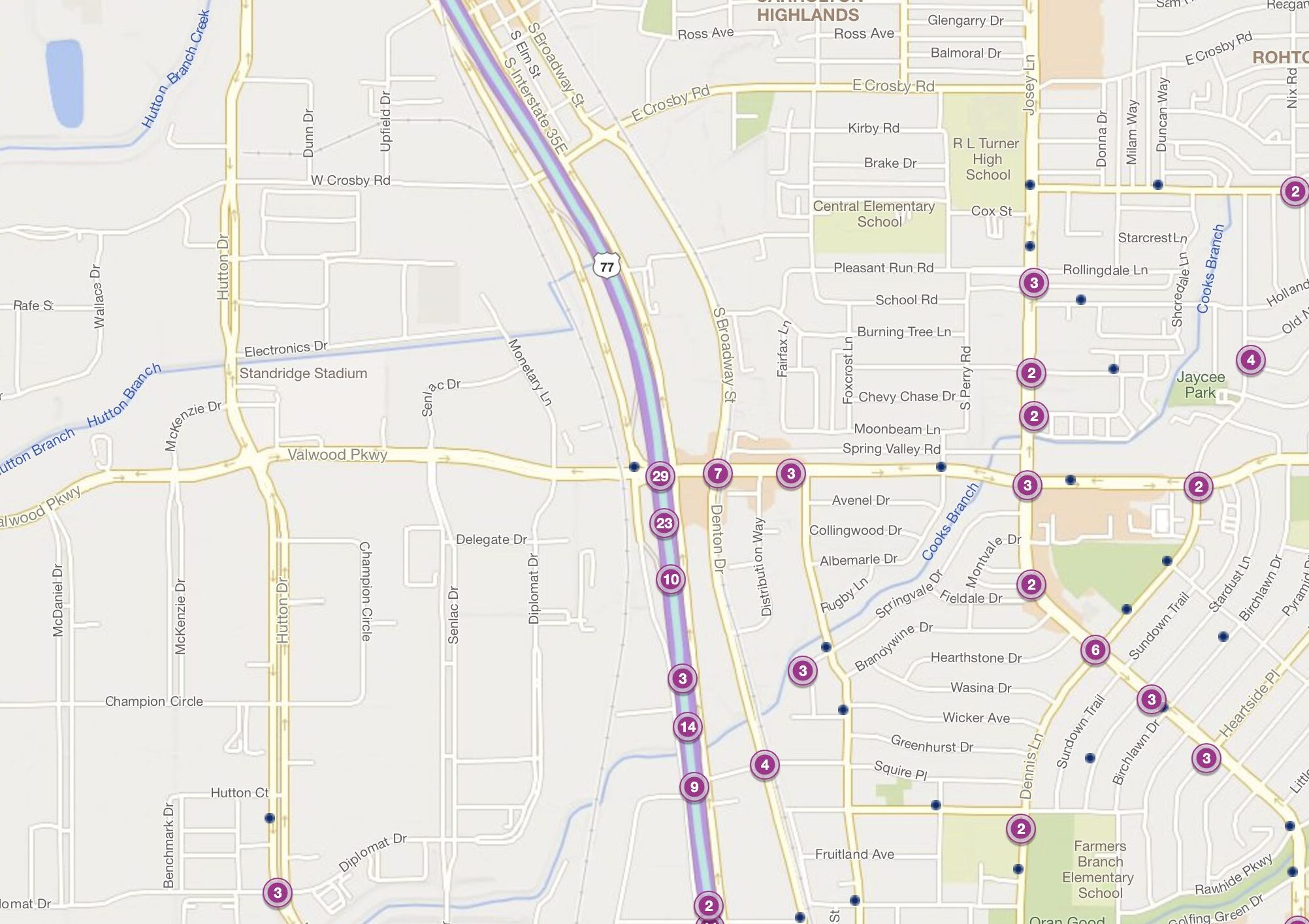 Cluster Map of 2023 Car Accidents at I-35E & Valwood Parkway (TXDOT)