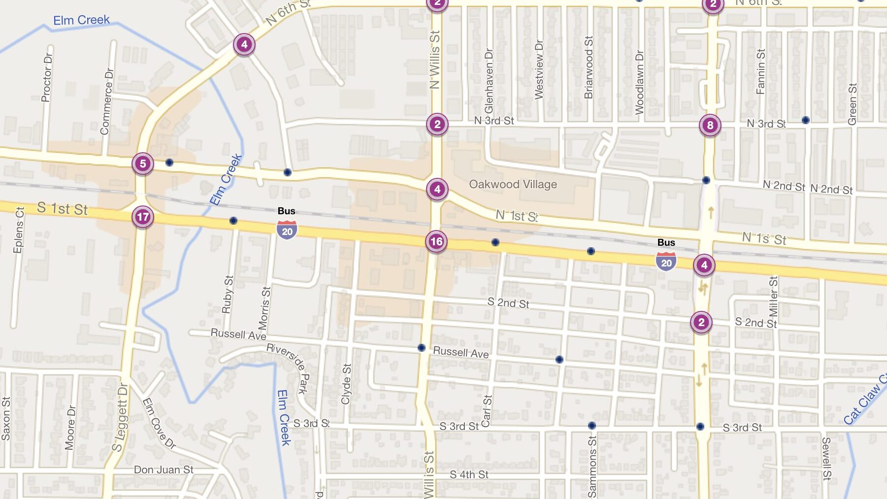 Cluster Map of 2023 Car Accidents at 1st St. (Business I-20) & N. Willis St. (TXDOT)