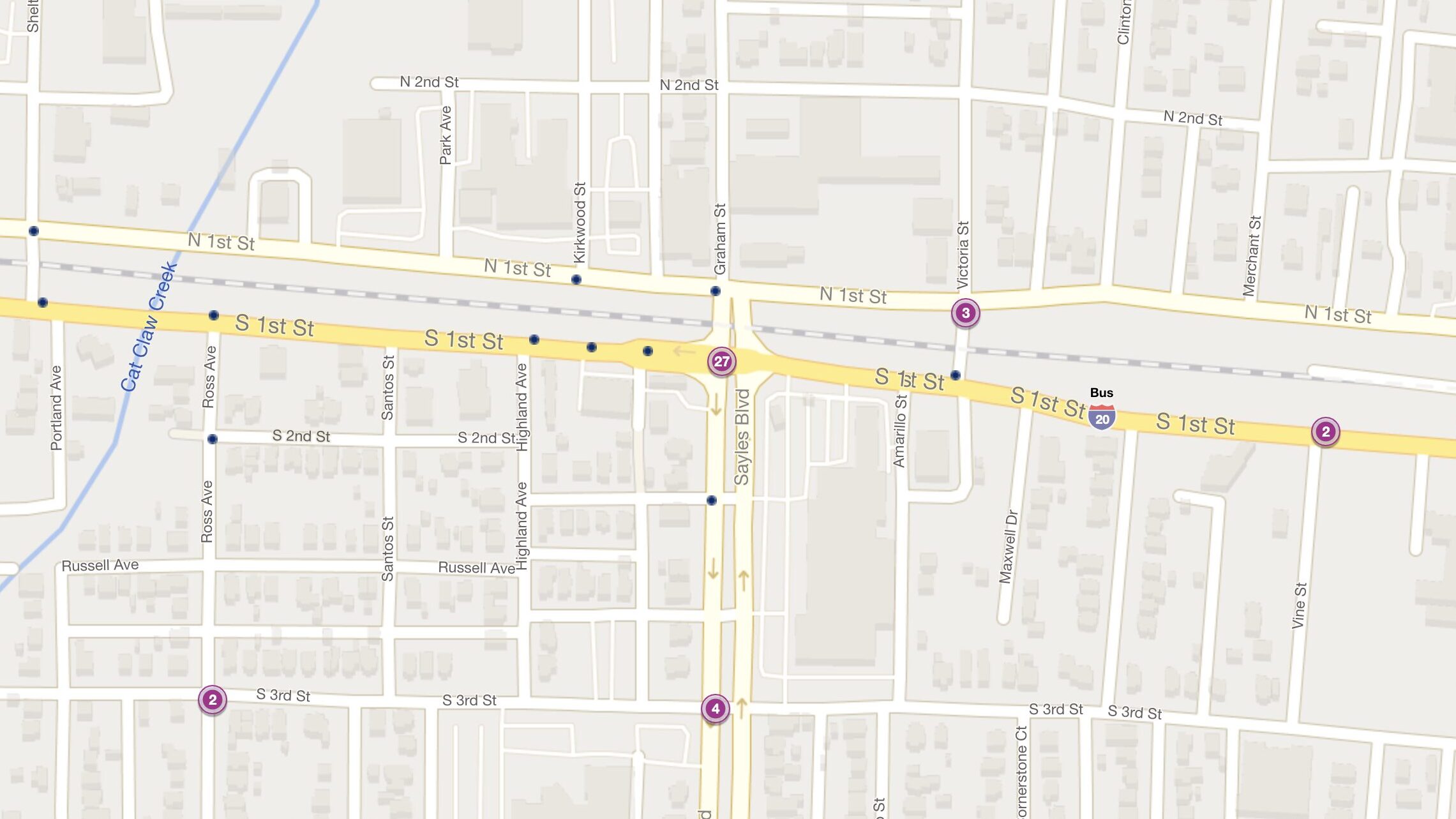 Cluster Map of 2023 Car Accidents at 1st St. & Sayles Blvd. (TXDOT)