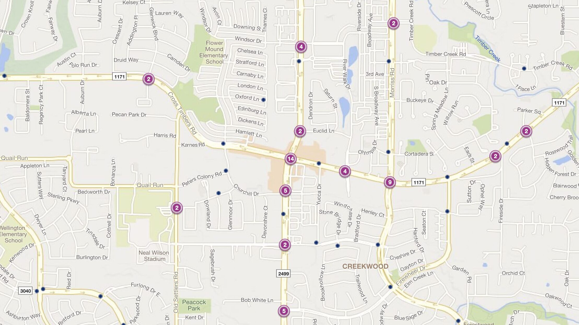 Cluster Map of 2023 Car Accidents at Cross Timbers Rd. & Long Prairie Rd. (TXDOT)