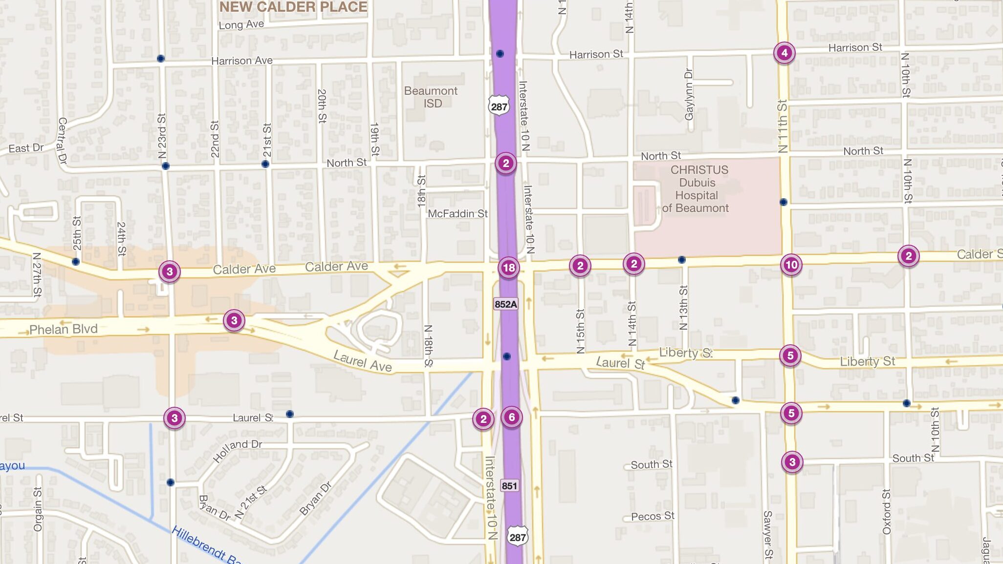 Cluster Map of 2023 Car Accidents at I-10 & Calder Ave. (TXDOT)