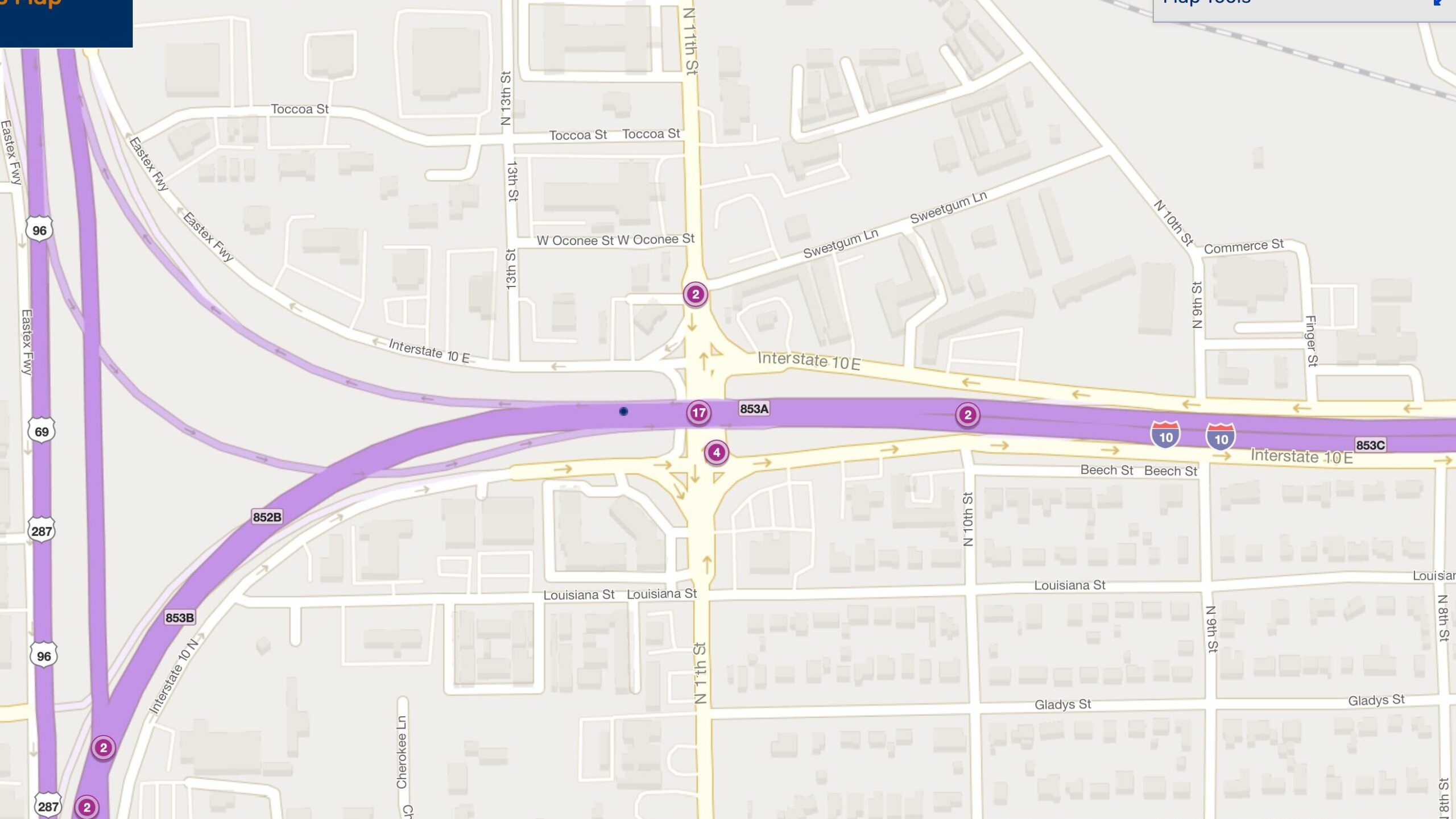Cluster Map of 2023 Car Accidents at I-10 & N. 11th St. (TXDOT)