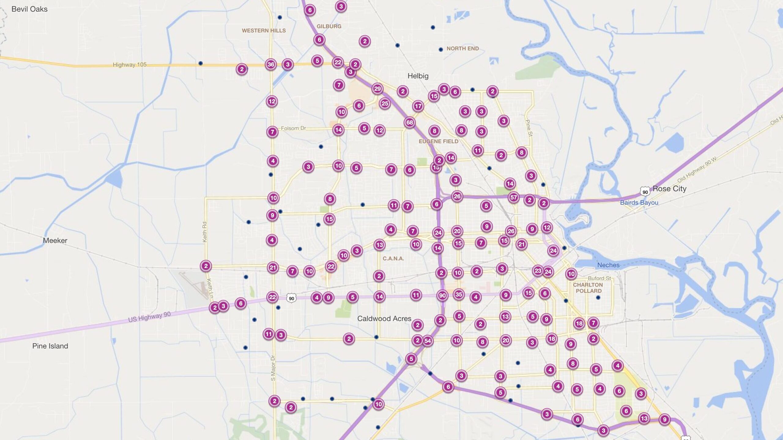 Cluster Map of 2023 Car Accidents at Intersections in Beaumont, TX (TXDOT)