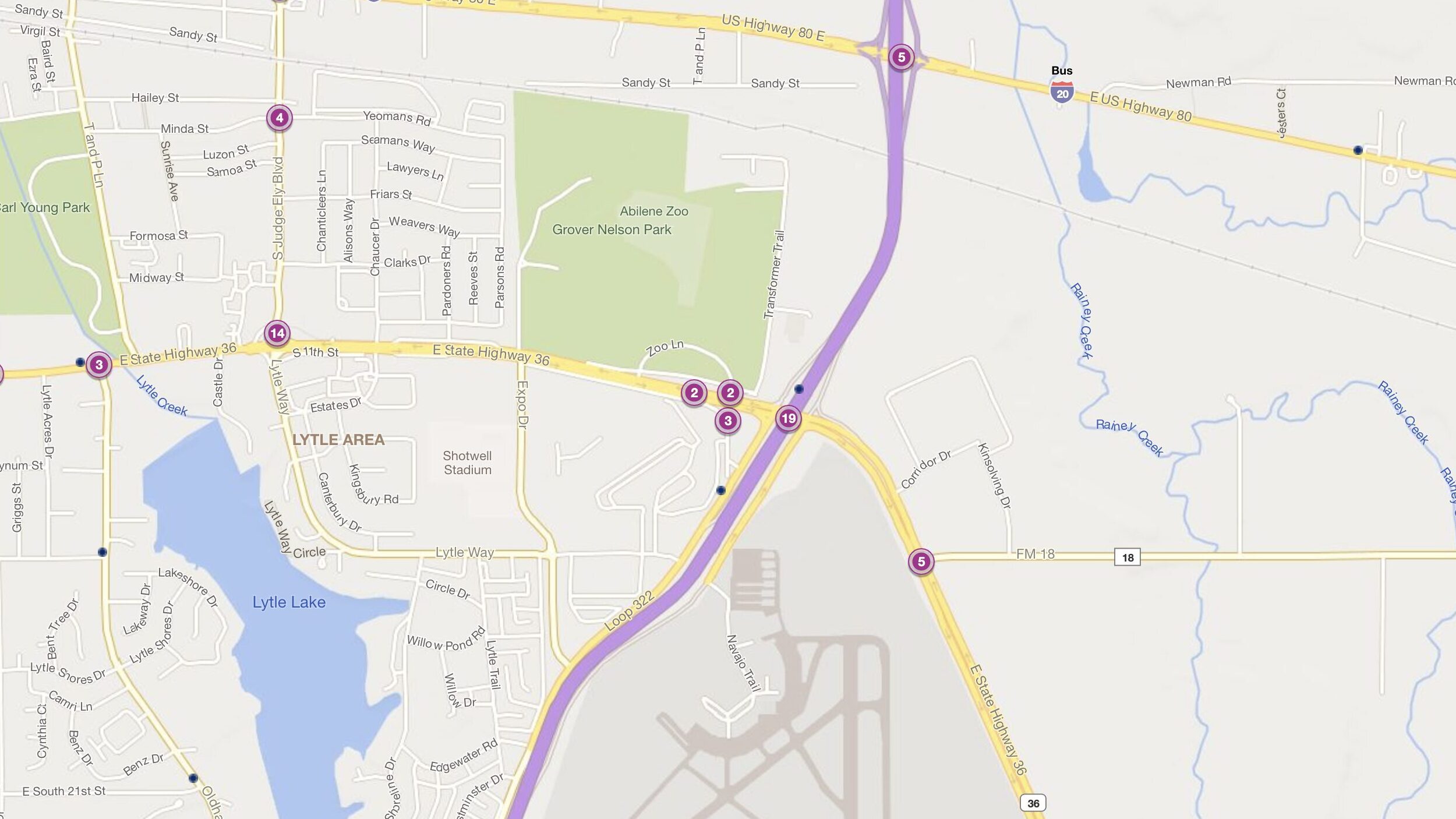 Cluster Map of 2023 Car Accidents at Loop 322 & TX-36 (TXDOT)