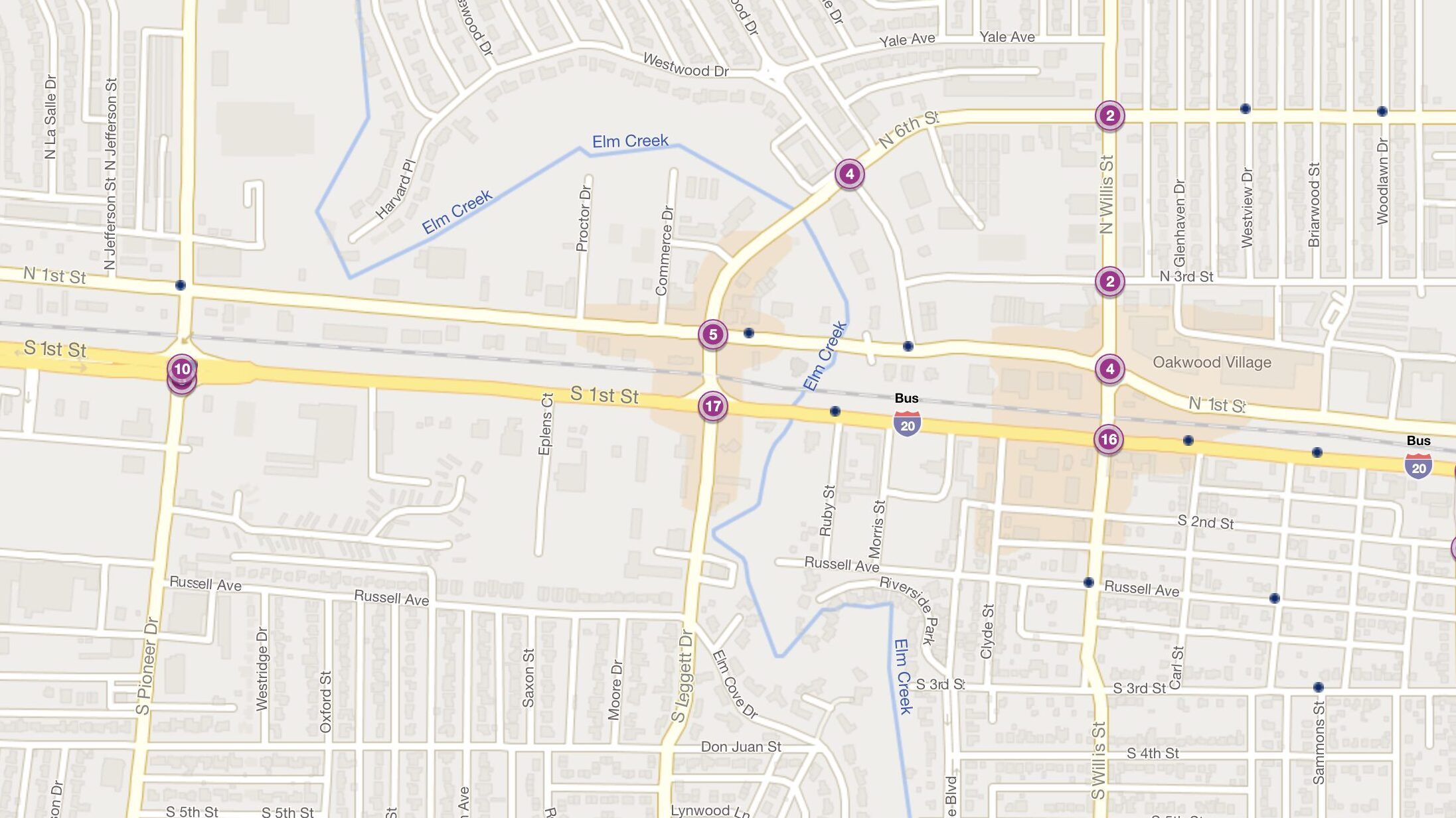 Cluster Map of 2023 Car Accidents at S. 1st St. & 6th St. (TXDOT)