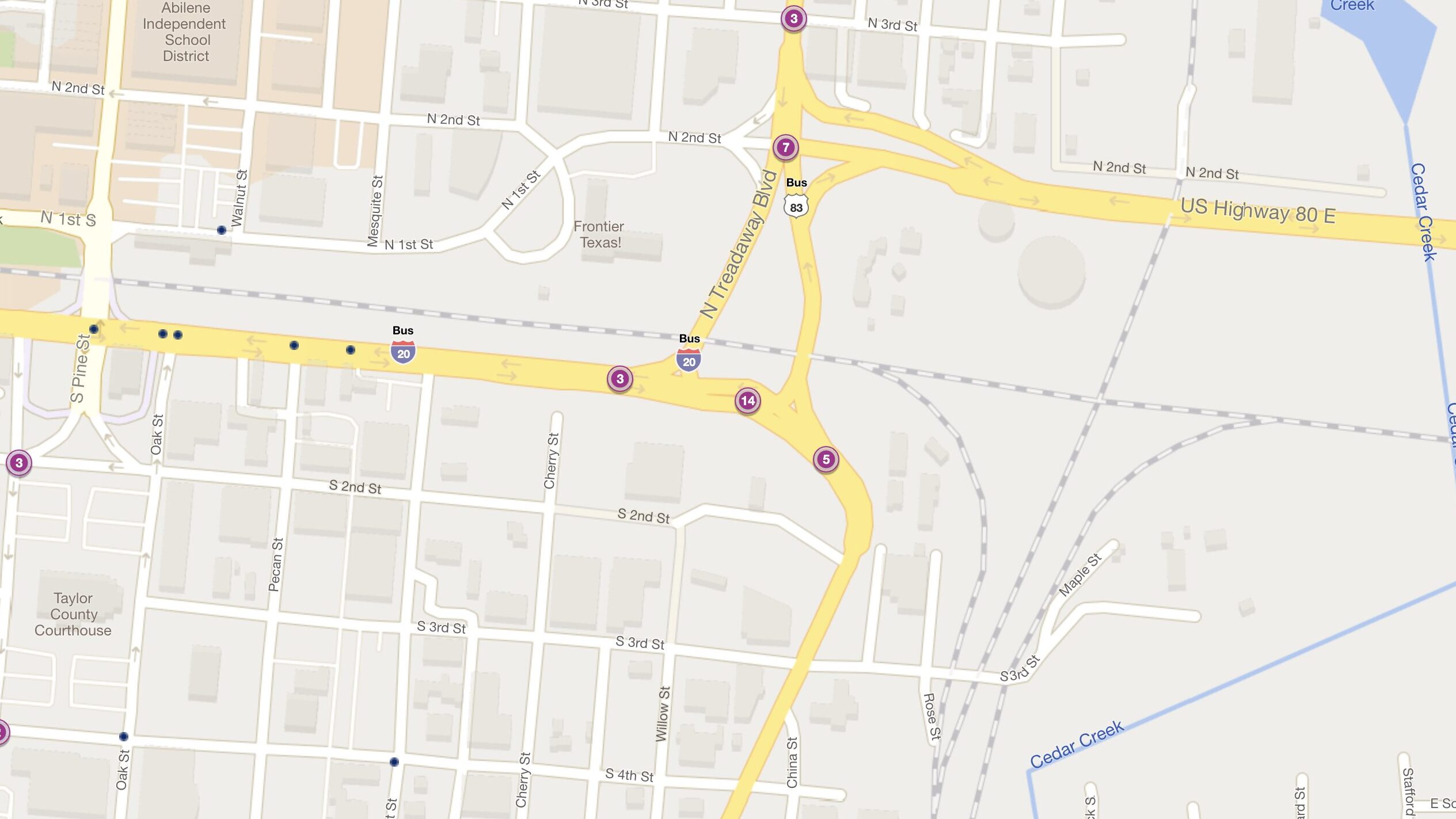 Cluster Map of 2023 Car Accidents at Treadaway Blvd. & Business I-20 (TXDOT)