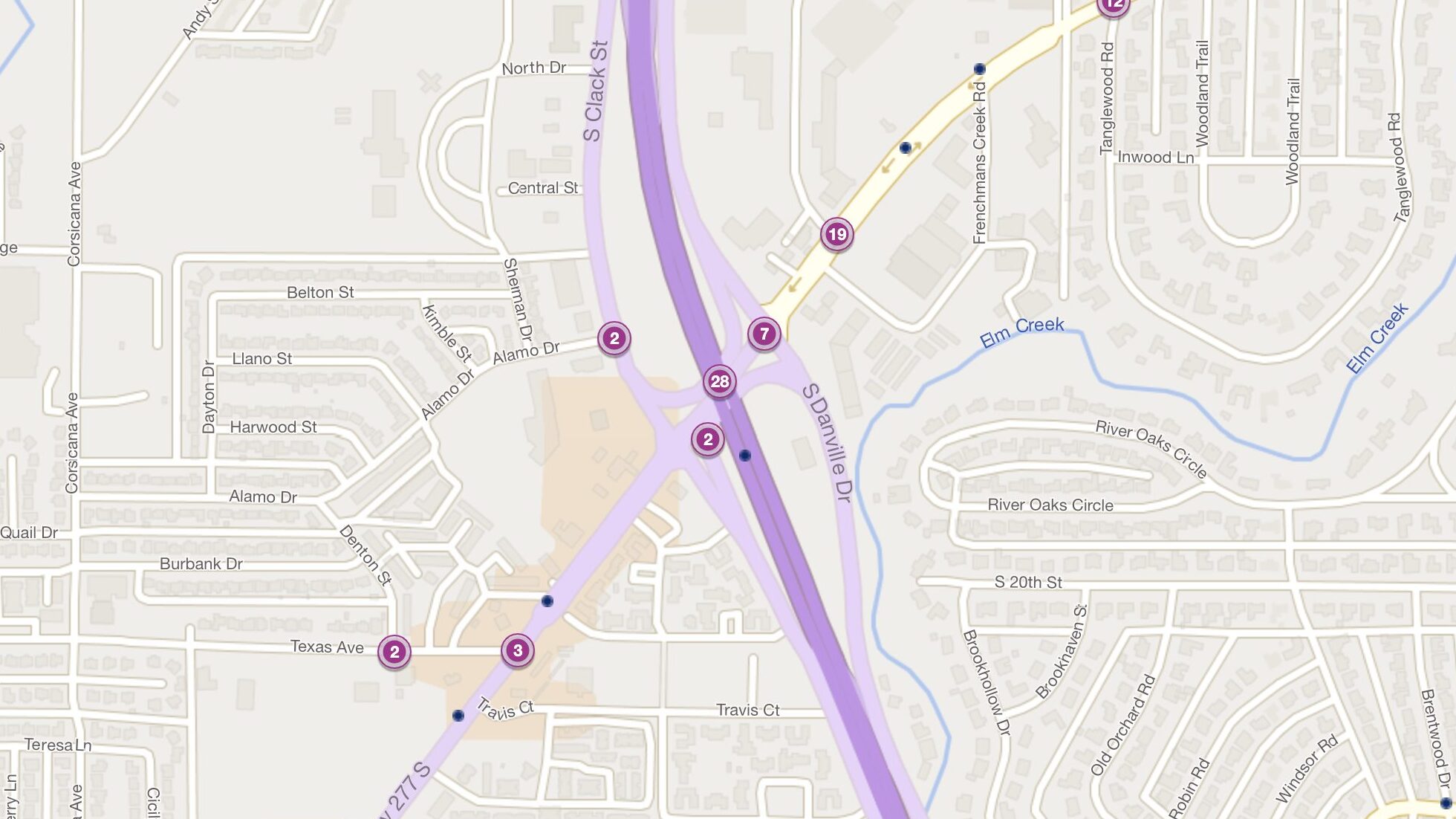 Cluster Map of 2023 Car Accidents at US 83 & US 277 (14th St.) (TXDOT)