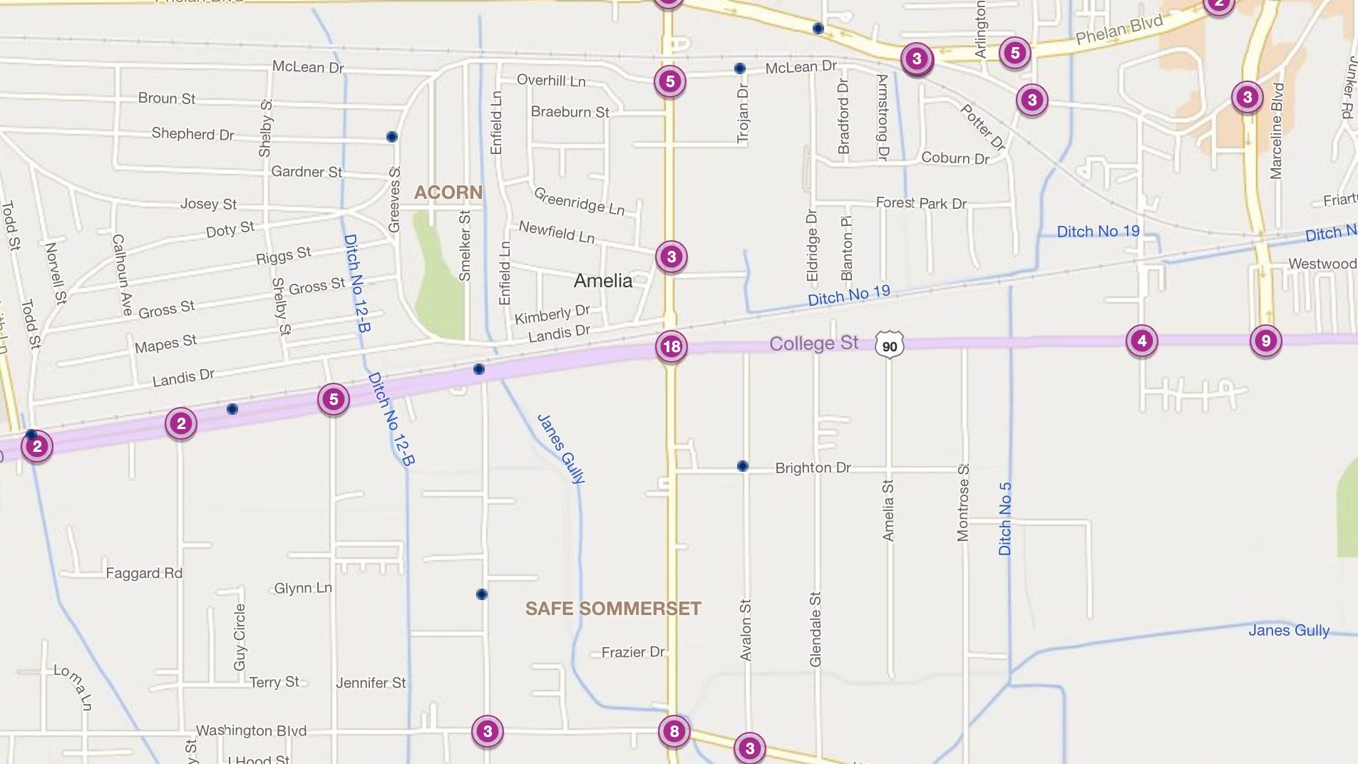 Cluster Map of 2023 Car Accidents at US 90 (College St.) & Major Dr. (TXDOT)