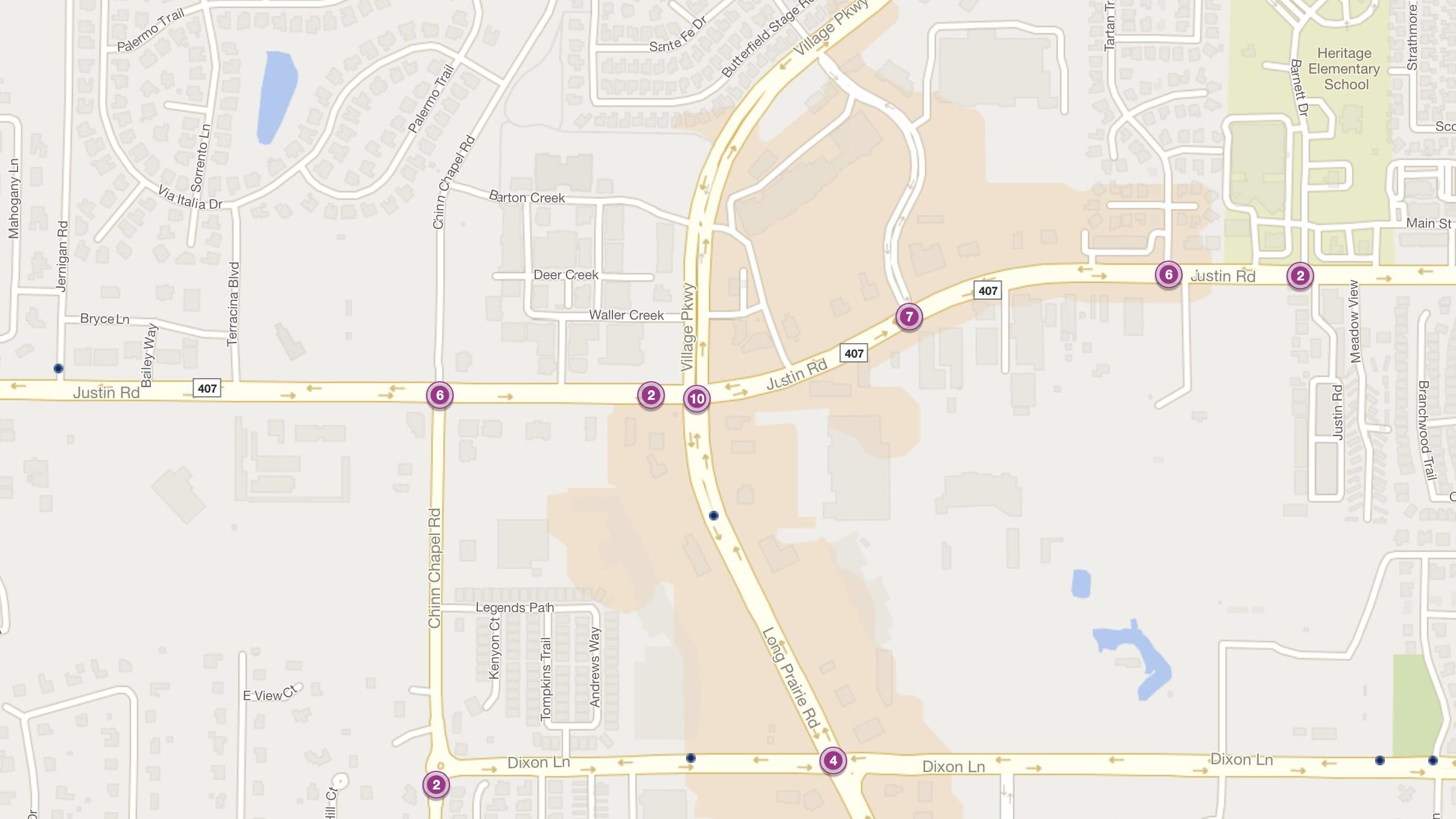 Cluster Map of 2023 Car Accidents at Village Pkwy. & Justin Rd. (TXDOT)