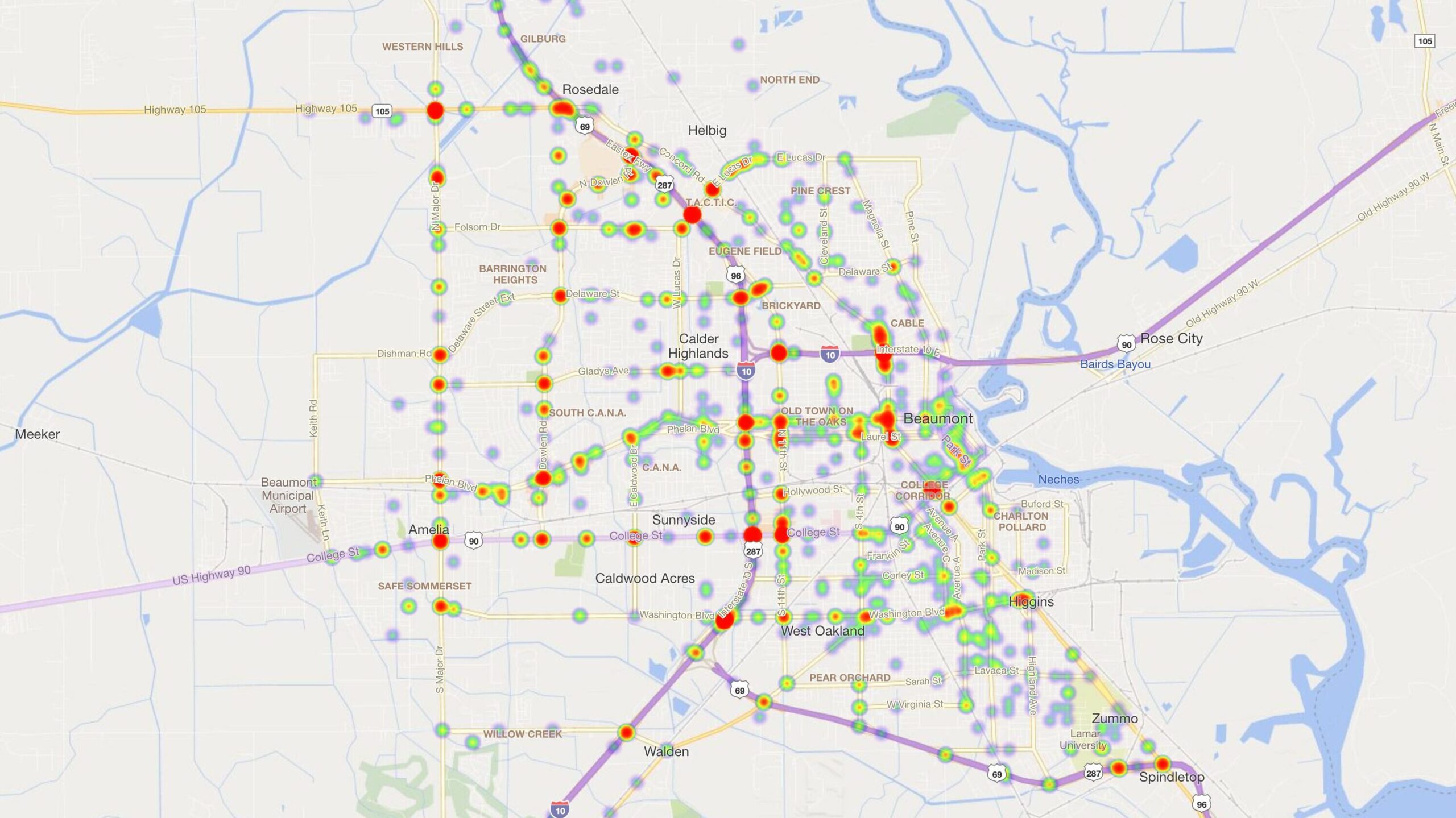 Heat Map of 2023 Car Accidents at Intersections in Beaumont, TX (TXDOT)